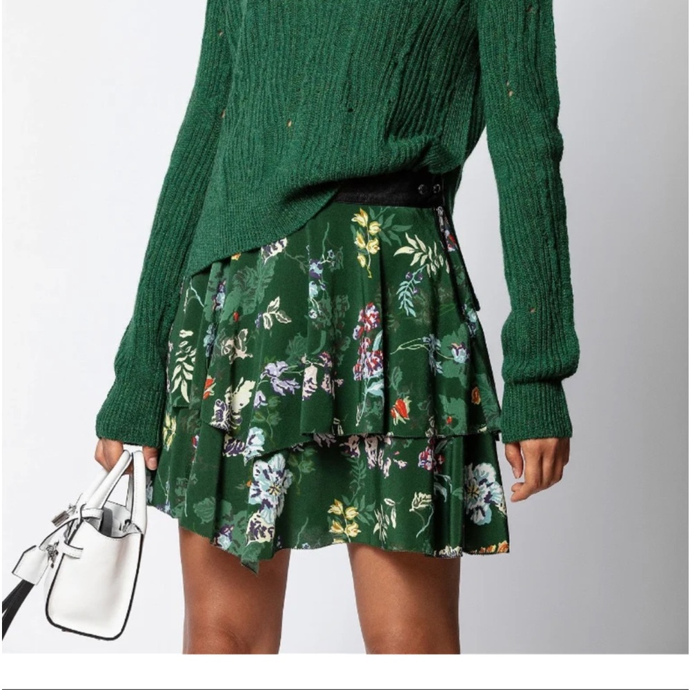 Zadig and Voltaire green floral skirt with black leather band, size S, mid rise